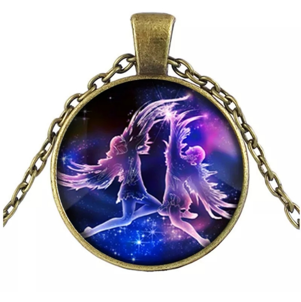 New Gemini Zodiac Brass Glass Cabochon Necklace.